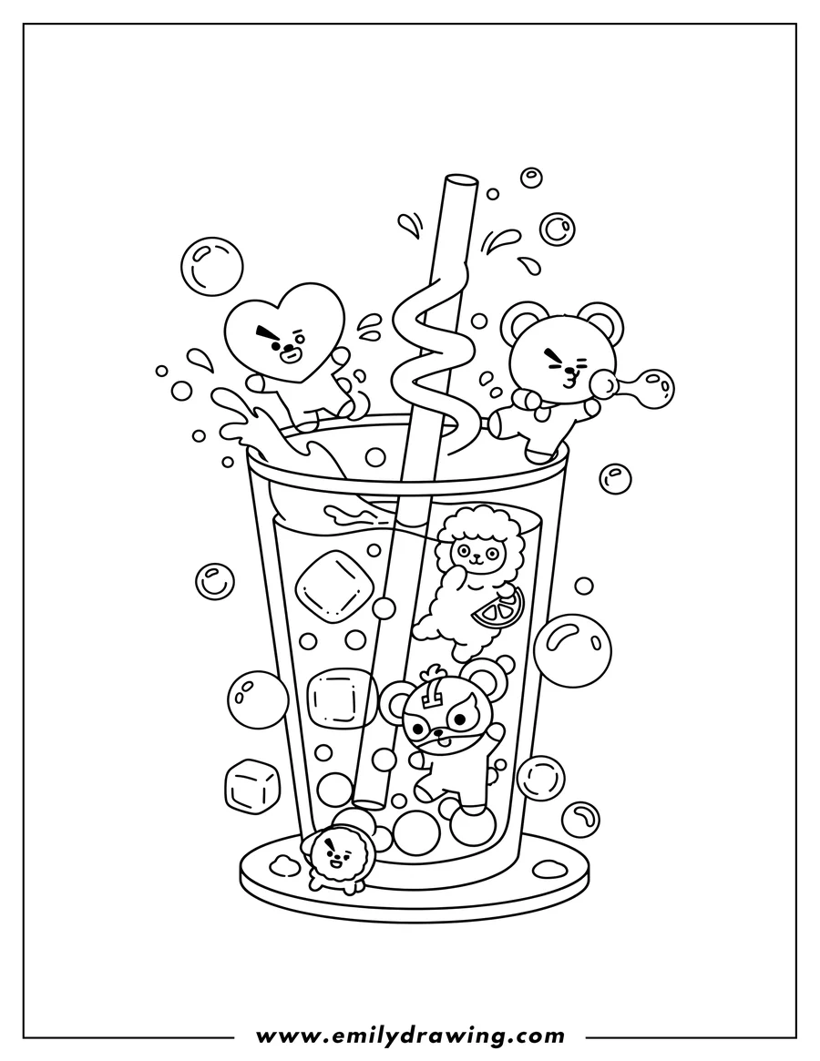 Printable coloring page of kawaii Bt21 characters playing in and around a bubbly iced tea glass