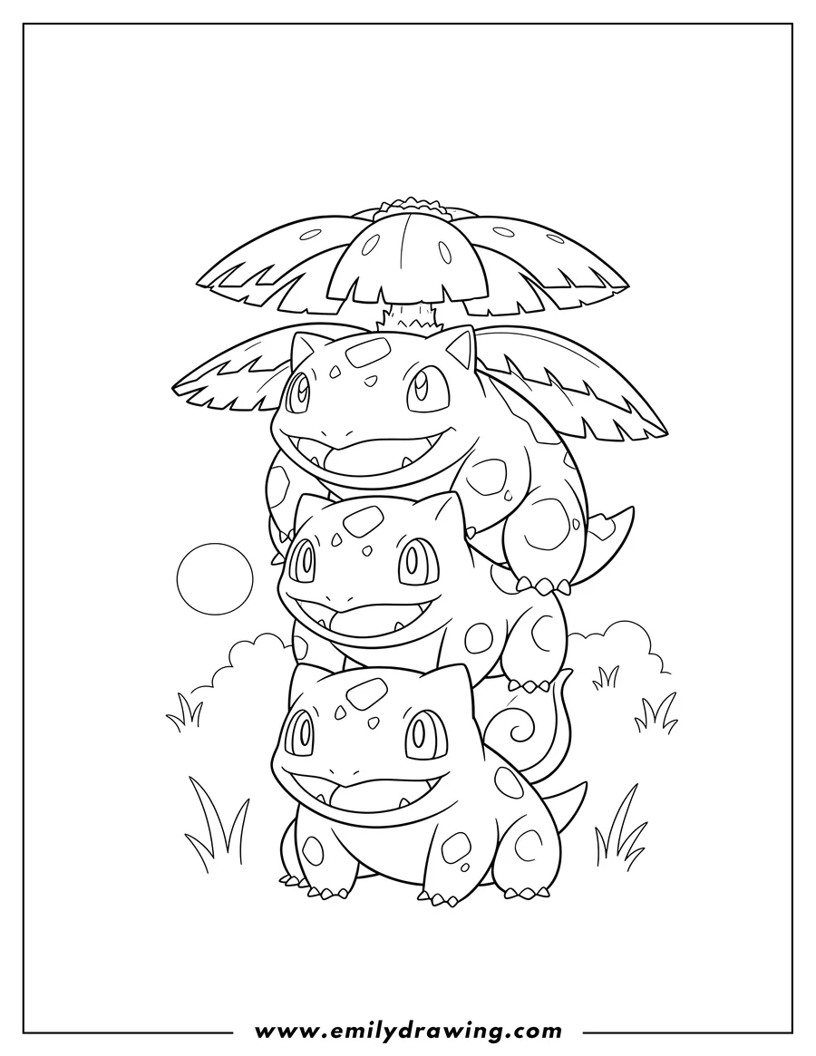 Downloadable coloring page of bulbasaur, Ivysaur, and Venusaur stacked and smiling