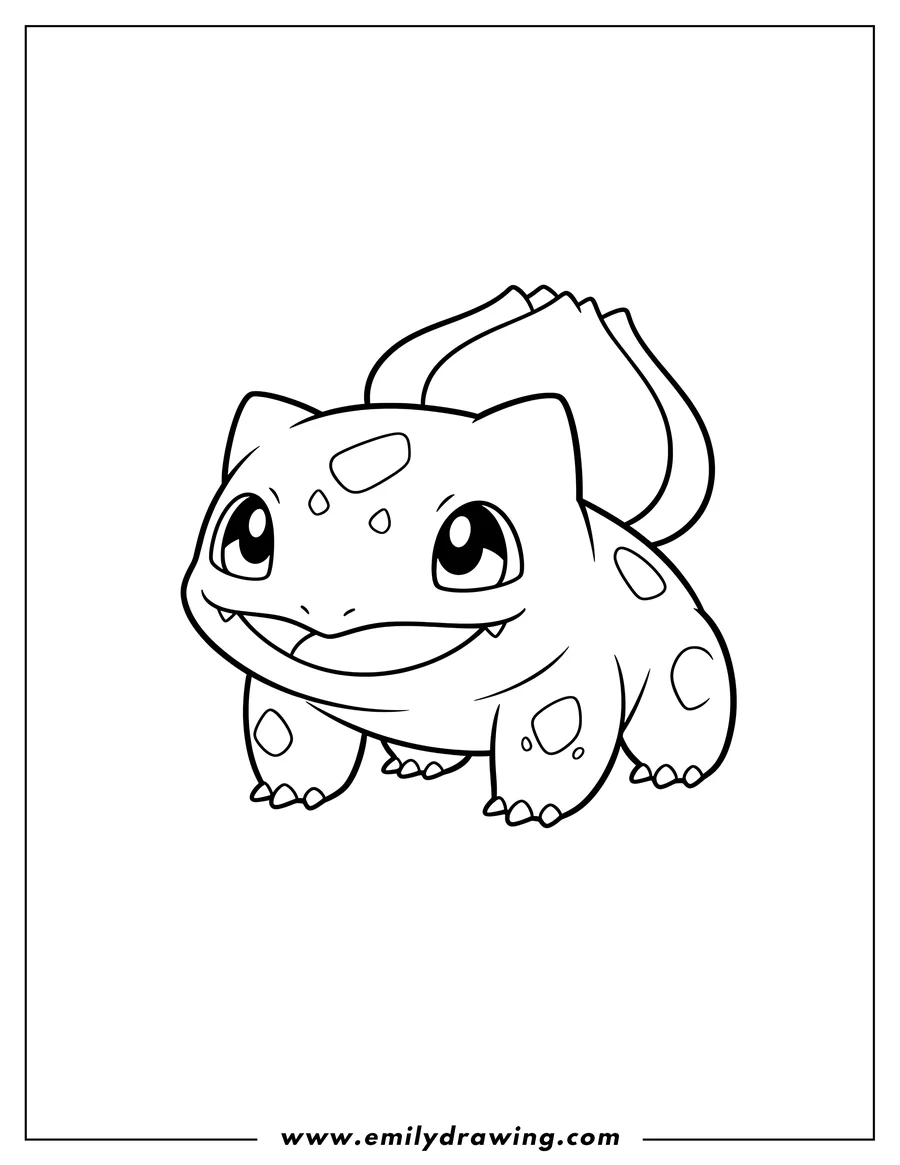 Coloring sheet featuring kawaii Bulbasaur Outline Preschoolers, smiling, on all fours
