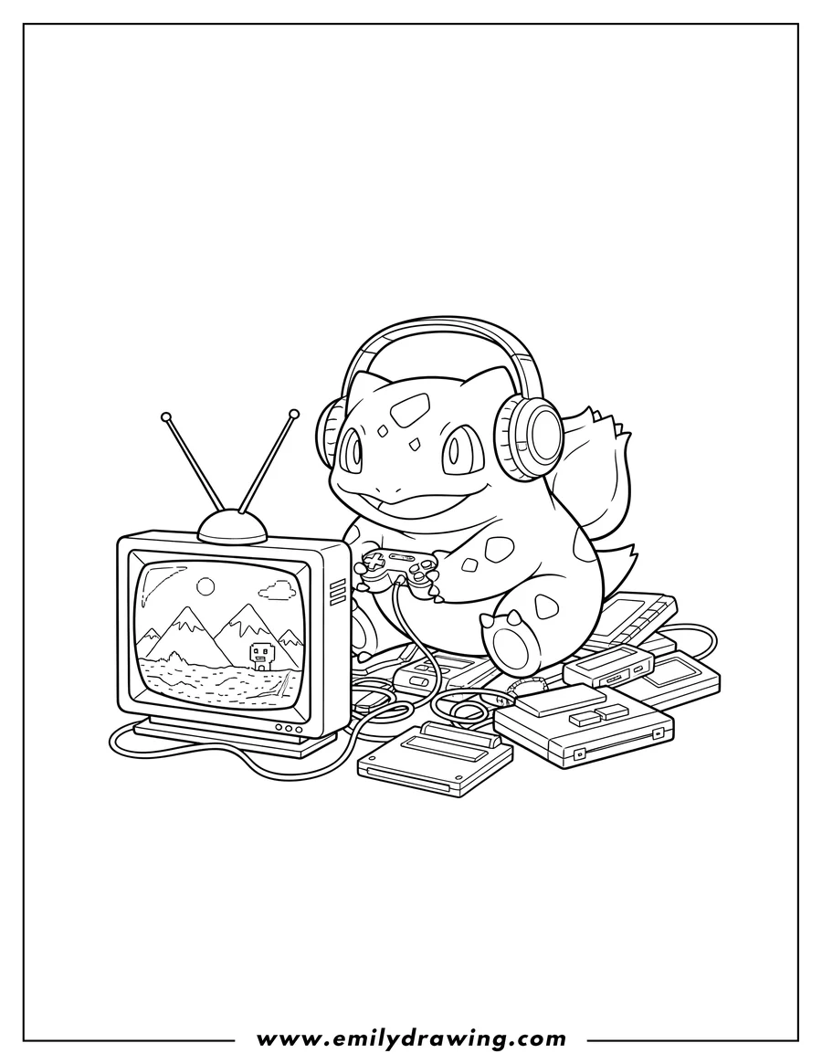 Printable coloring page of bulbasaur Video Games sitting coloring page