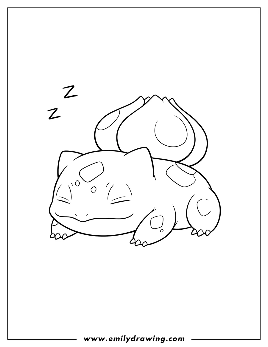 Full page coloring image of kawaii Bulbasaur sleeping on its stomach with eyes closed and a happy expression