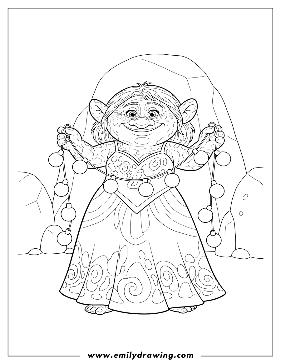 Downloadable coloring page of bulda Troll Scaled smiling and holding a string of lights
