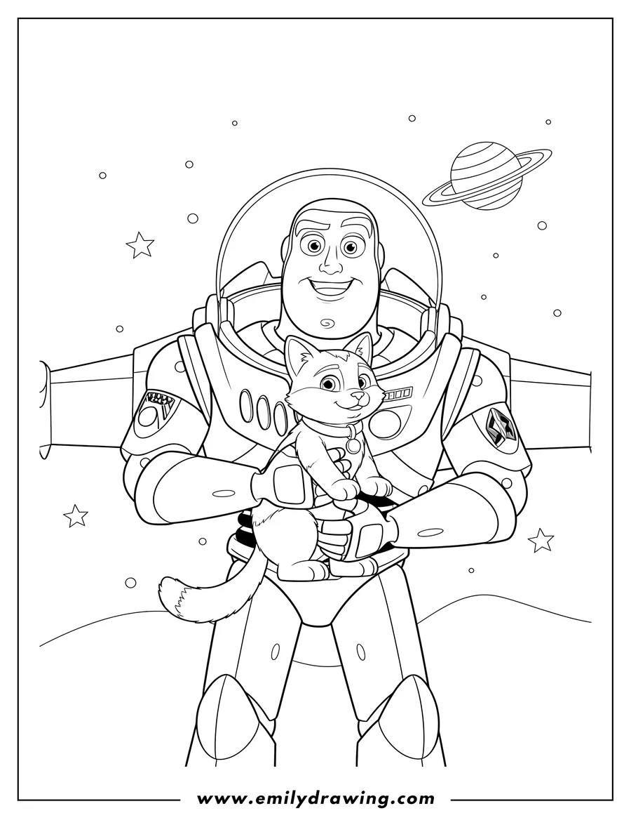 Clean line drawing: buzz Lightyear Disney holding Sox the cat