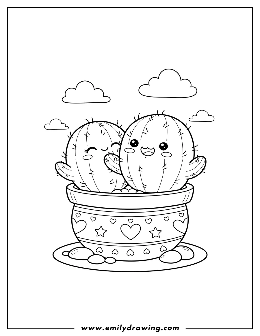 Coloring page for kids: kawaii Cacti in a Pot, two, cuddling, one smiling, Preschoolers
