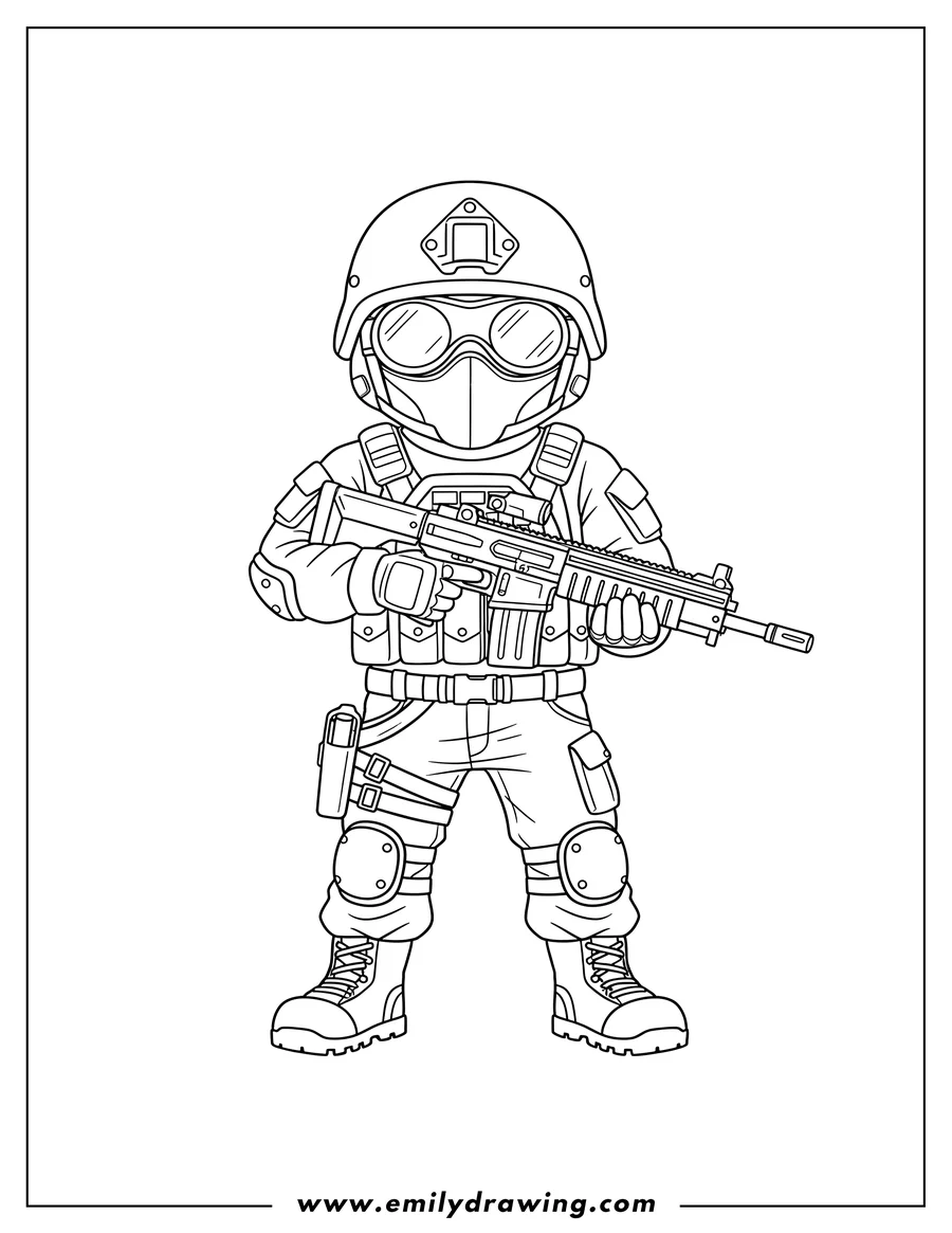 High quality printable call of Duty soldier in tactical gear, wearing a helmet with goggles, and holding a rifle for coloring