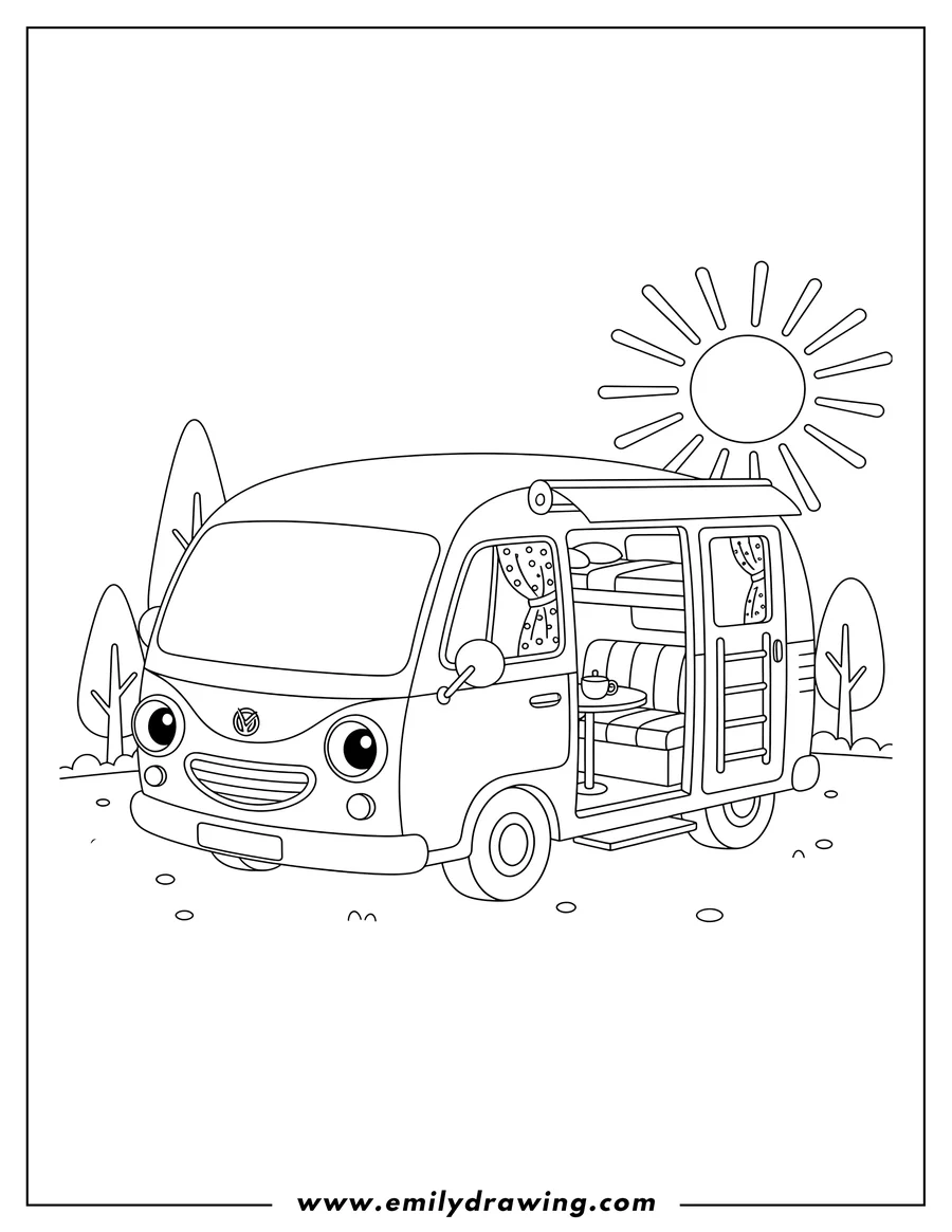 Linear illustration of campervan with its side door open, revealing the inside