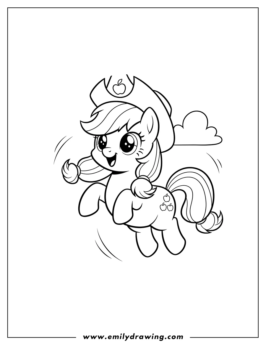 Vector style outline of kawaii Cartoon Applejack leaping happily, wearing her hat
