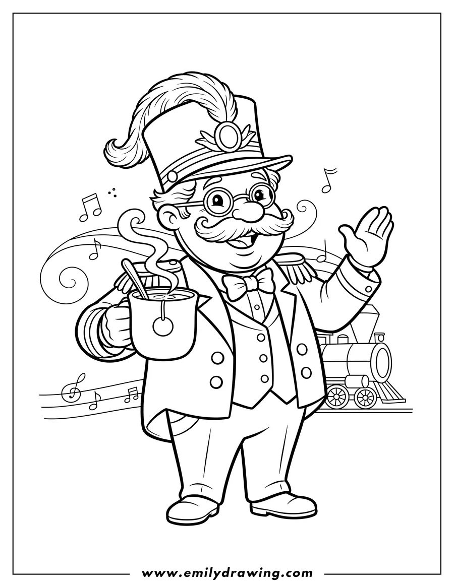Free printable coloring sheet of cartoon Conductor wearing a conductor's hat, with glasses and a mustache, holding a cup of hot coco with a spoon