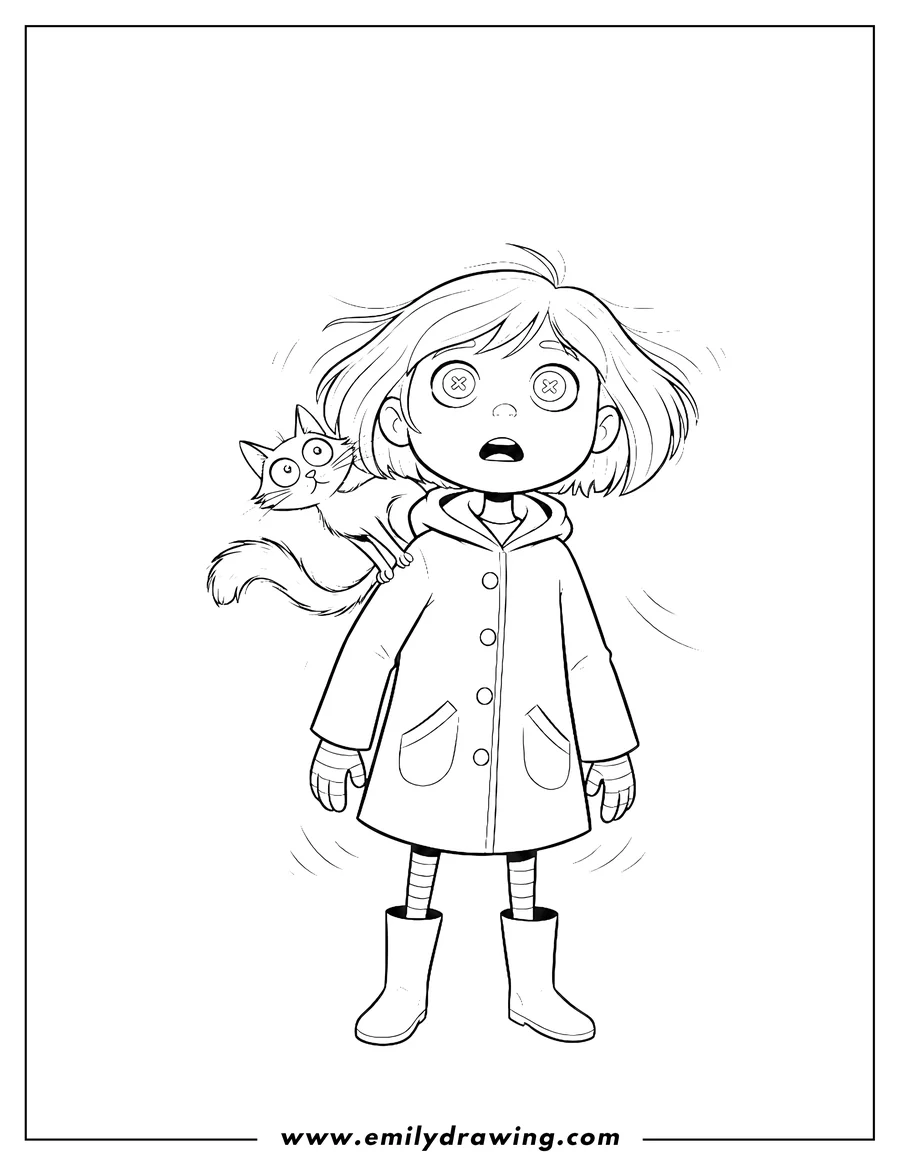 Free to print drawing of cartoon Coraline with cat on shoulder, looking up startled