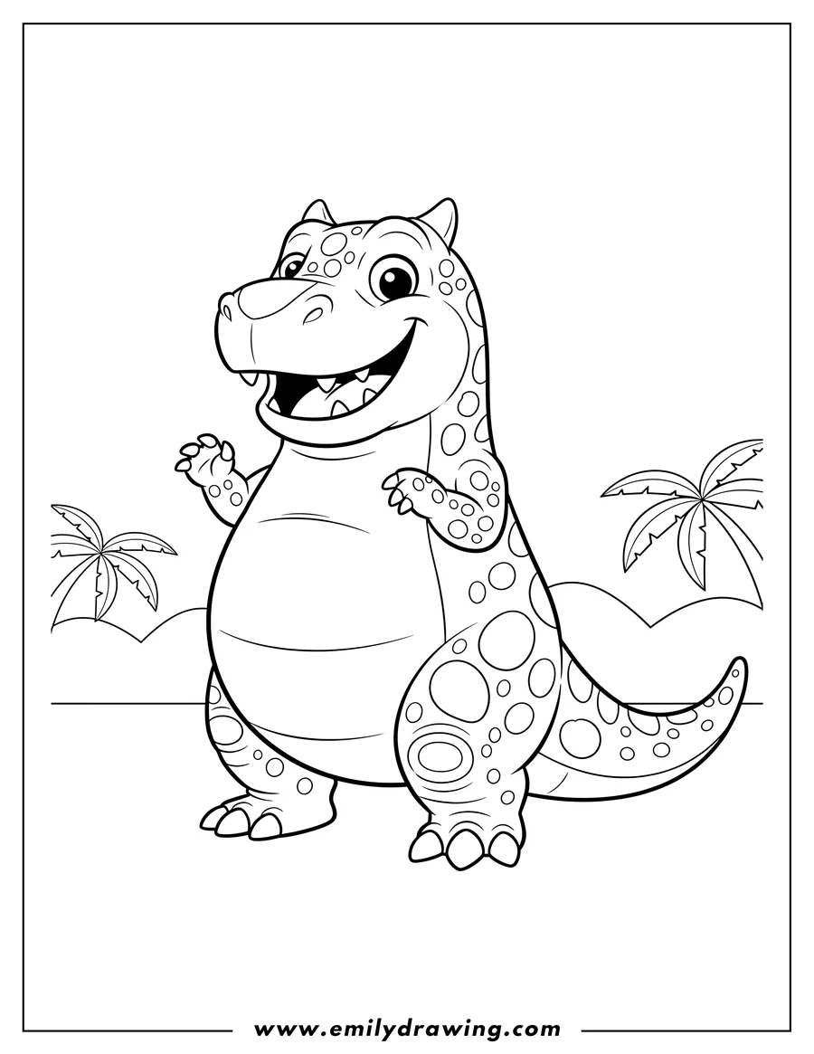 Clean line drawing: cartoon Gigantosaurus standing and smiling