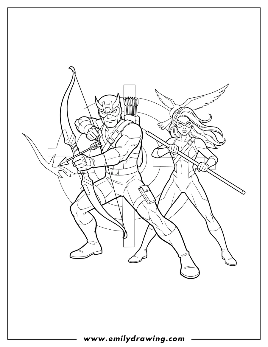 Simple sketch of cartoon Hawkeye with his bow drawn, and Mockingbird with her staves to color