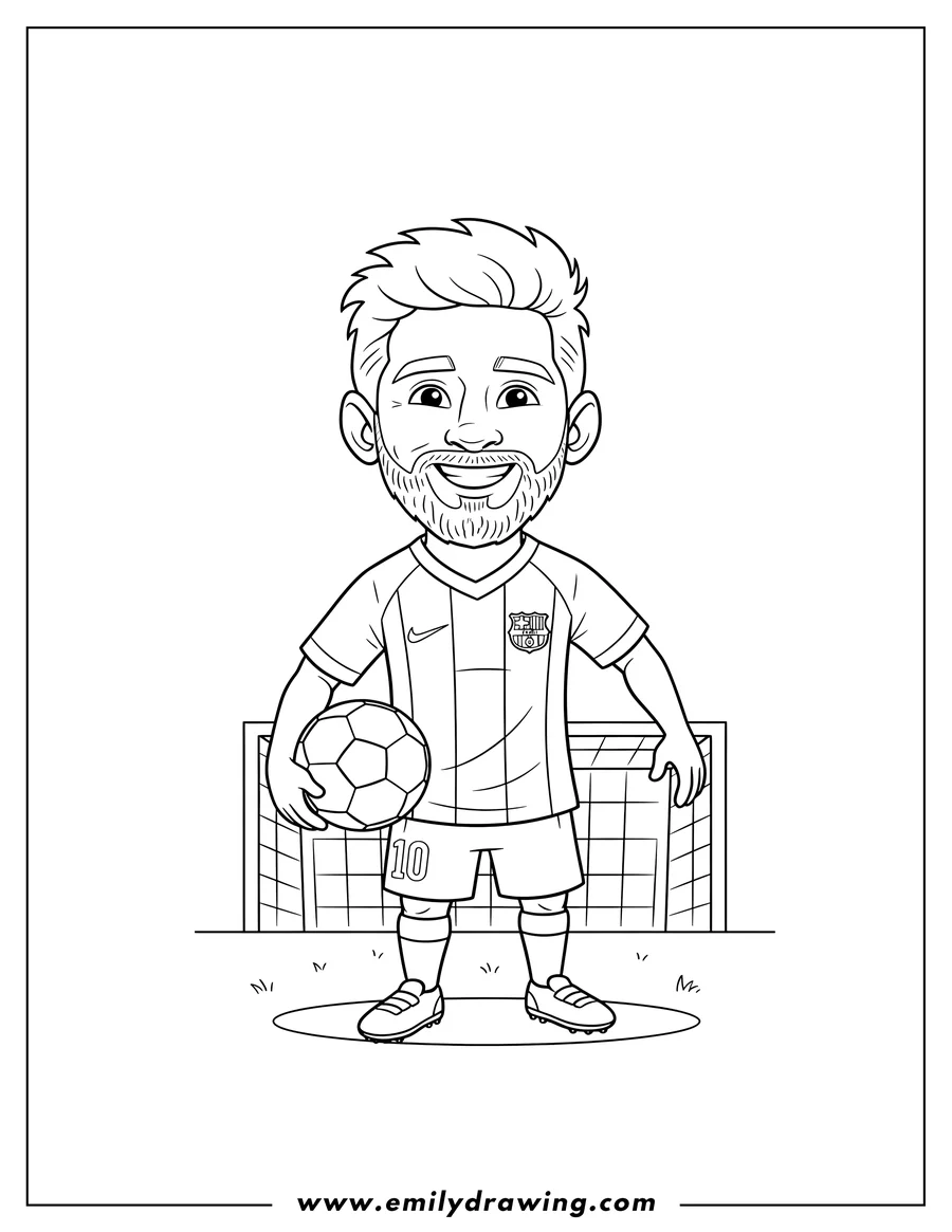 Printable line art of cartoon Lionel Messi wearing an FC Barcelona soccer jersey, smiling with a beard
