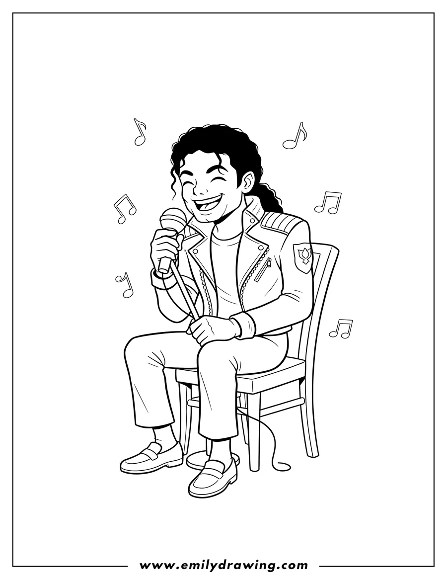 Free to print drawing of cartoon Michael Jackson Singing On Vintage Microphone, sitting on a chair and smiling