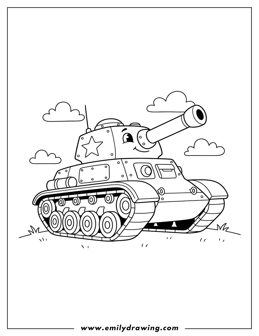 Coloring page of cartoon Military Tank with a star