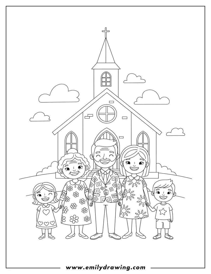 High quality printable cartoon multi-generational family smiling in front of a church for coloring