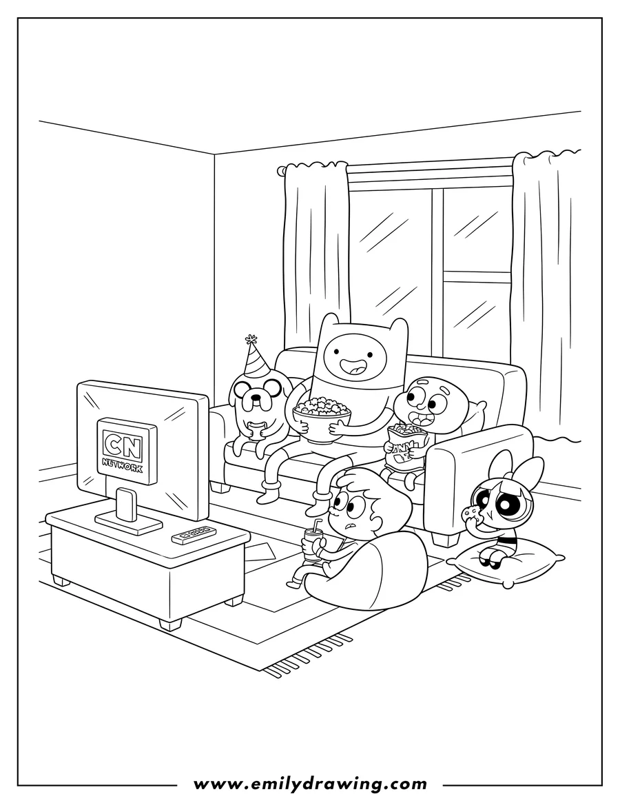 Full page coloring image of cartoon Network Characters Watching Television together, some eating snacks