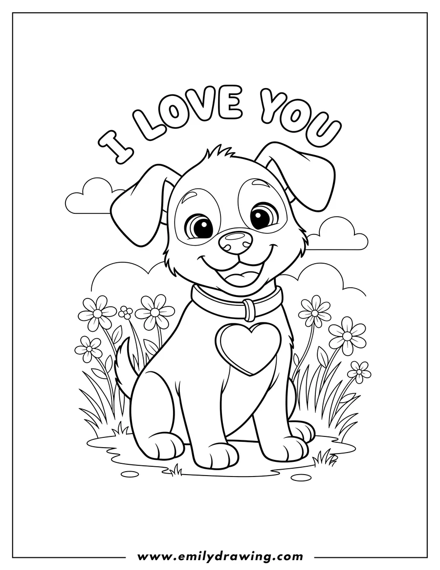 Coloring page of A cute, smiling cartoon puppy with a heart collar in a meadow, with I LOVE YOU text above
