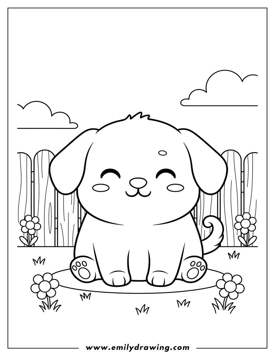 Coloring sheet featuring kawaii Cartoon Puppy sitting and smiling with closed eyes in a backyard