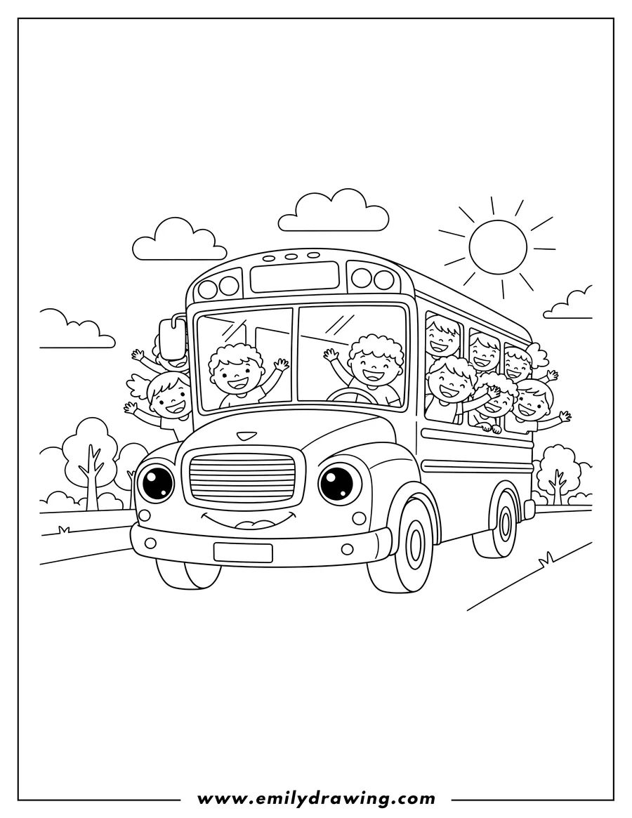 Printable coloring page of cartoon School Bus Full, with a happy cartoon face and smiling children inside