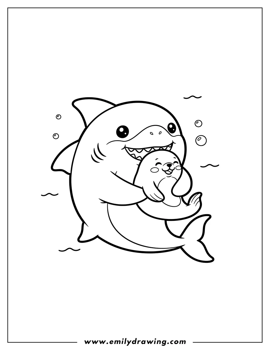 Black and white line art of kawaii Cartoon Shark hugging a Sea Lion who is playfully in its mouth