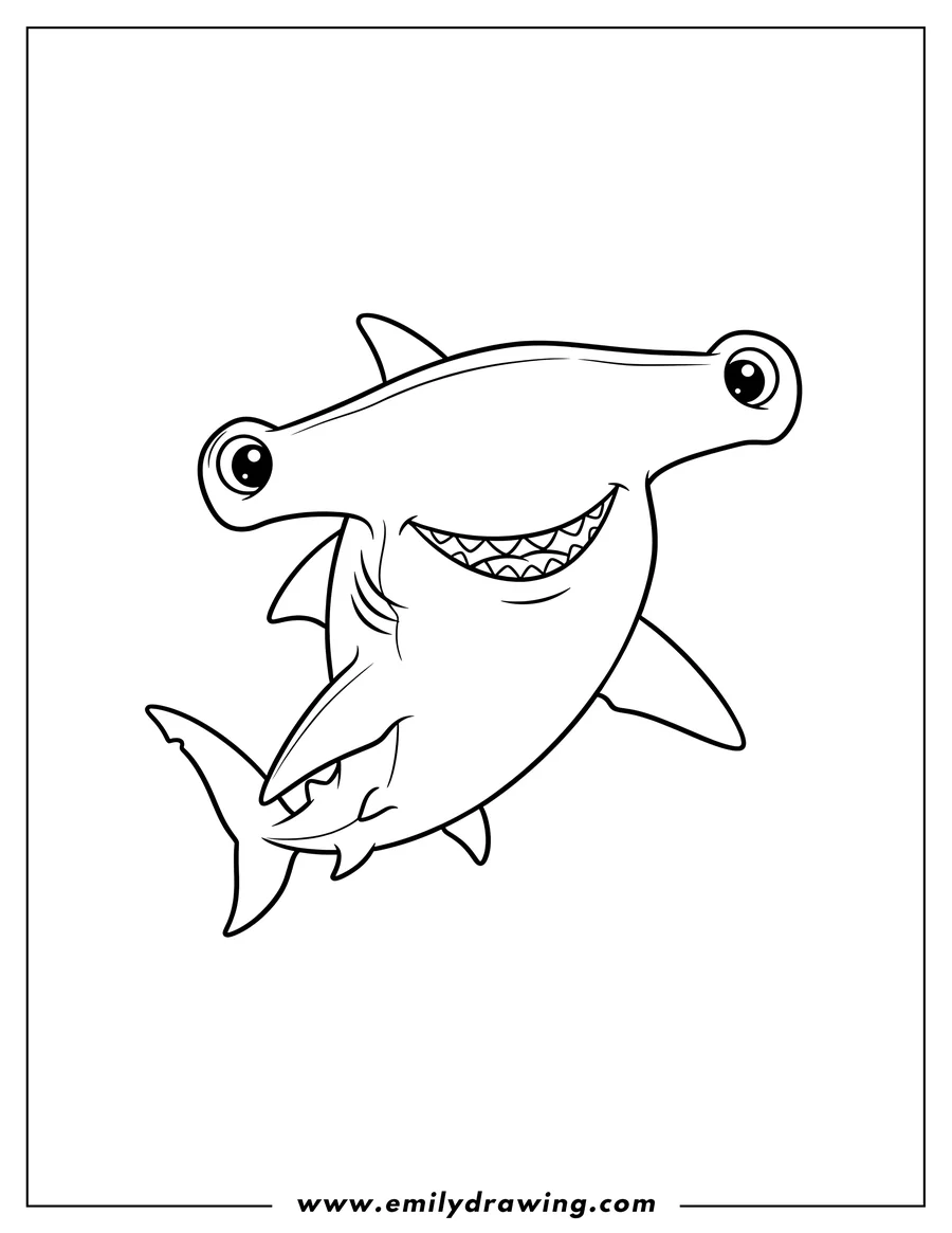 Vector style outline of cartoon smiling hammerhead shark looking up