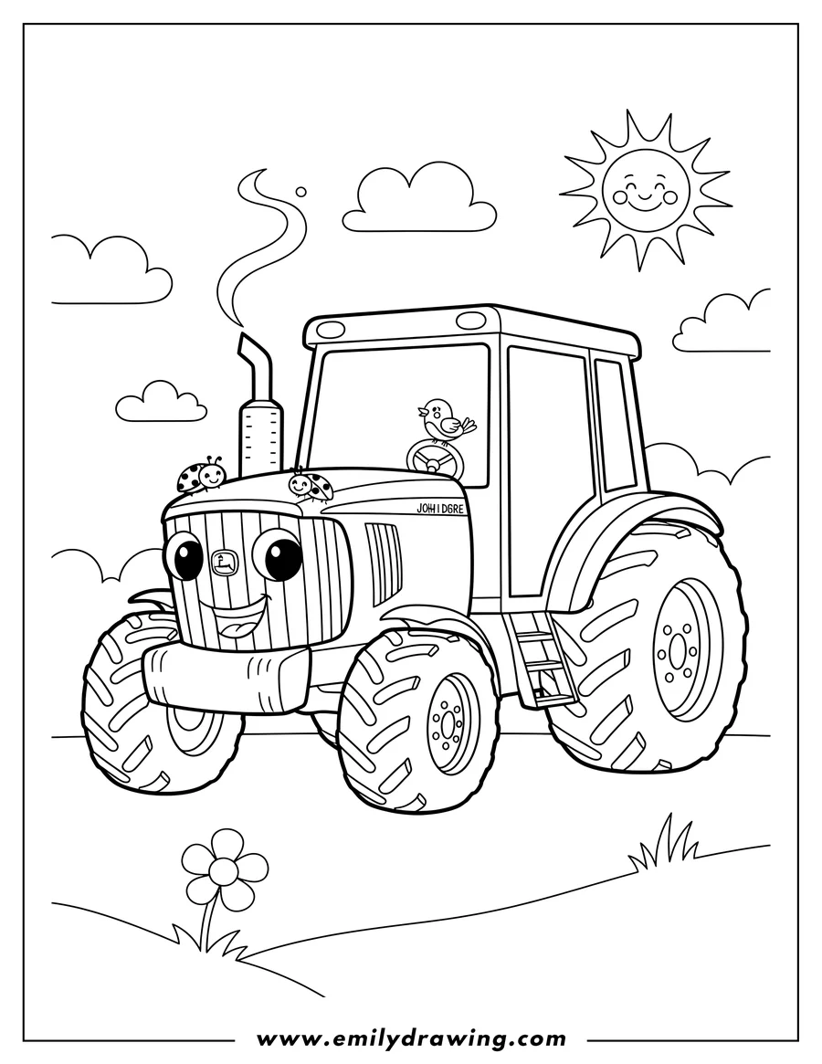 Clean line drawing: A cartoon John Deere tractor with a friendly face for preschoolers