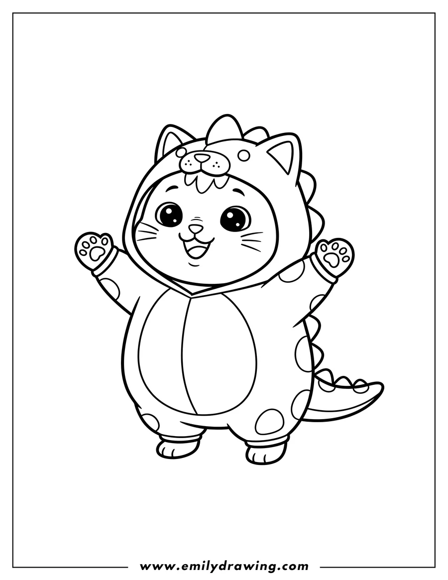 Linear illustration of kawaii Cat Dinosaur Onesie, happy and waving its arms