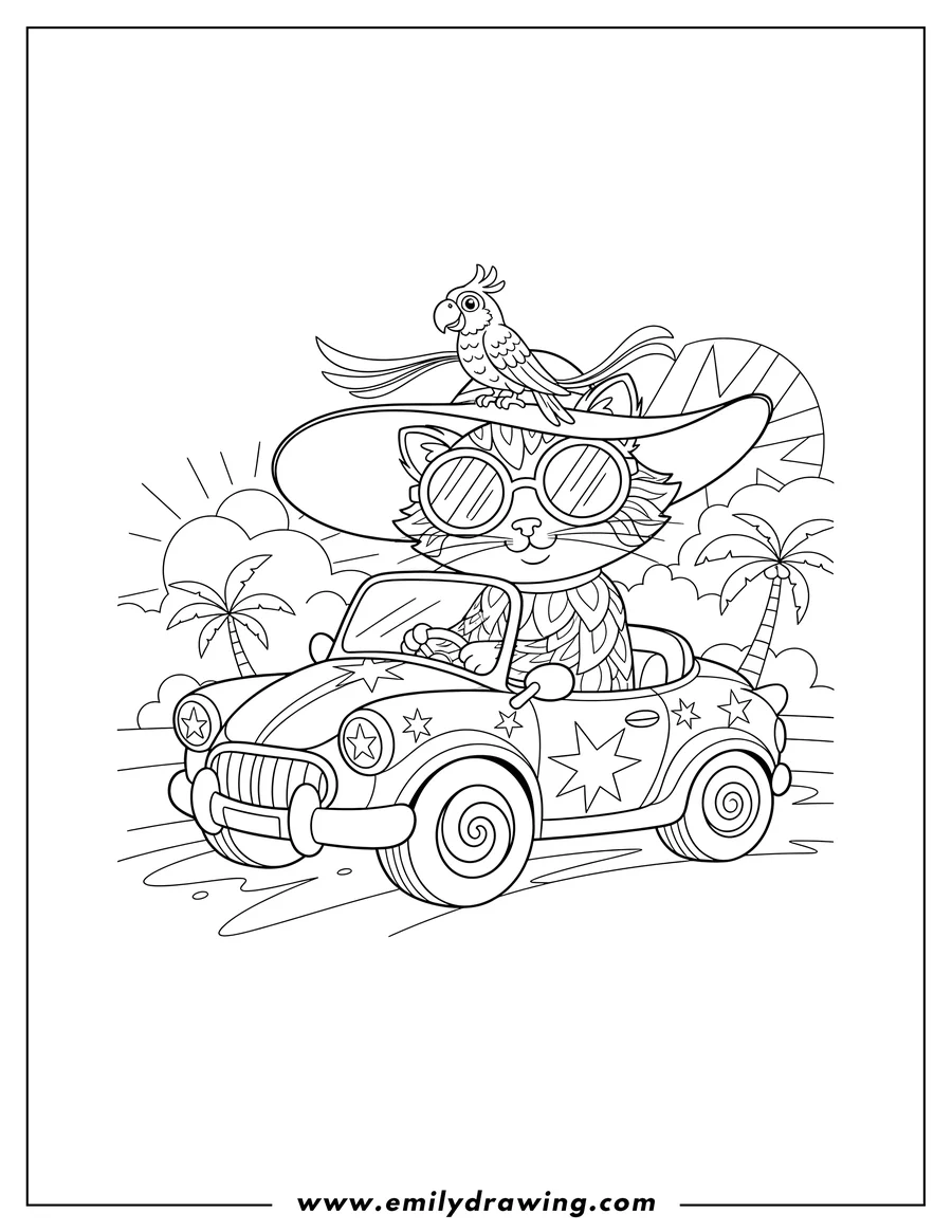 Downloadable coloring page of lisa Frank Cat driving a convertible, wearing a hat with a parrot and sunglasses
