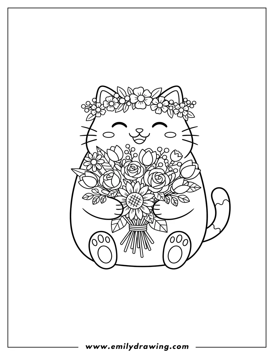 Printable coloring page of kawaii Cat wearing a flower crown, holding a flower bouquet, and smiling