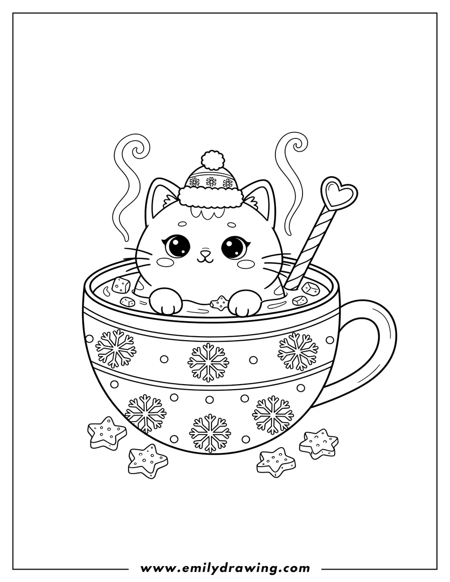 Black and white line art of kawaii Cat Inside Teacup Hot Chocolate, with a stirrer, snowflake pattern on the cup, and star-shaped treats