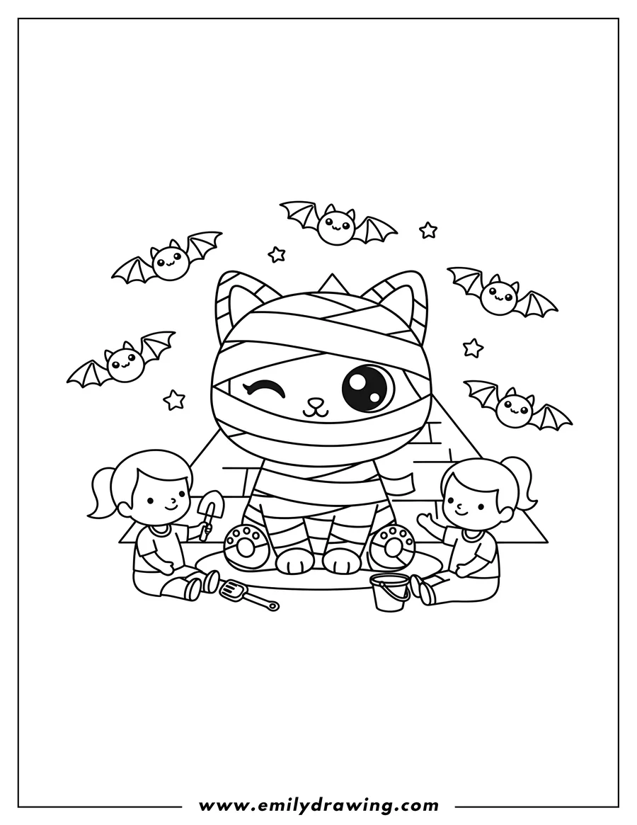 Free printable coloring sheet of kawaii Cat Mummy sitting with one eye visible, with bats flying, Preschoolers