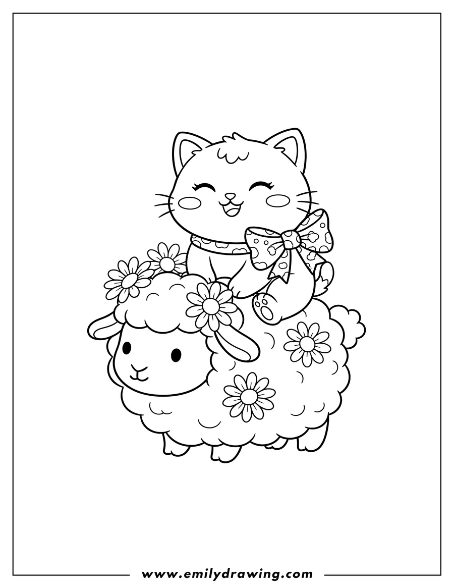 Free printable coloring sheet of kawaii Cat with a bow happily sitting on a fluffy sheep with flowers