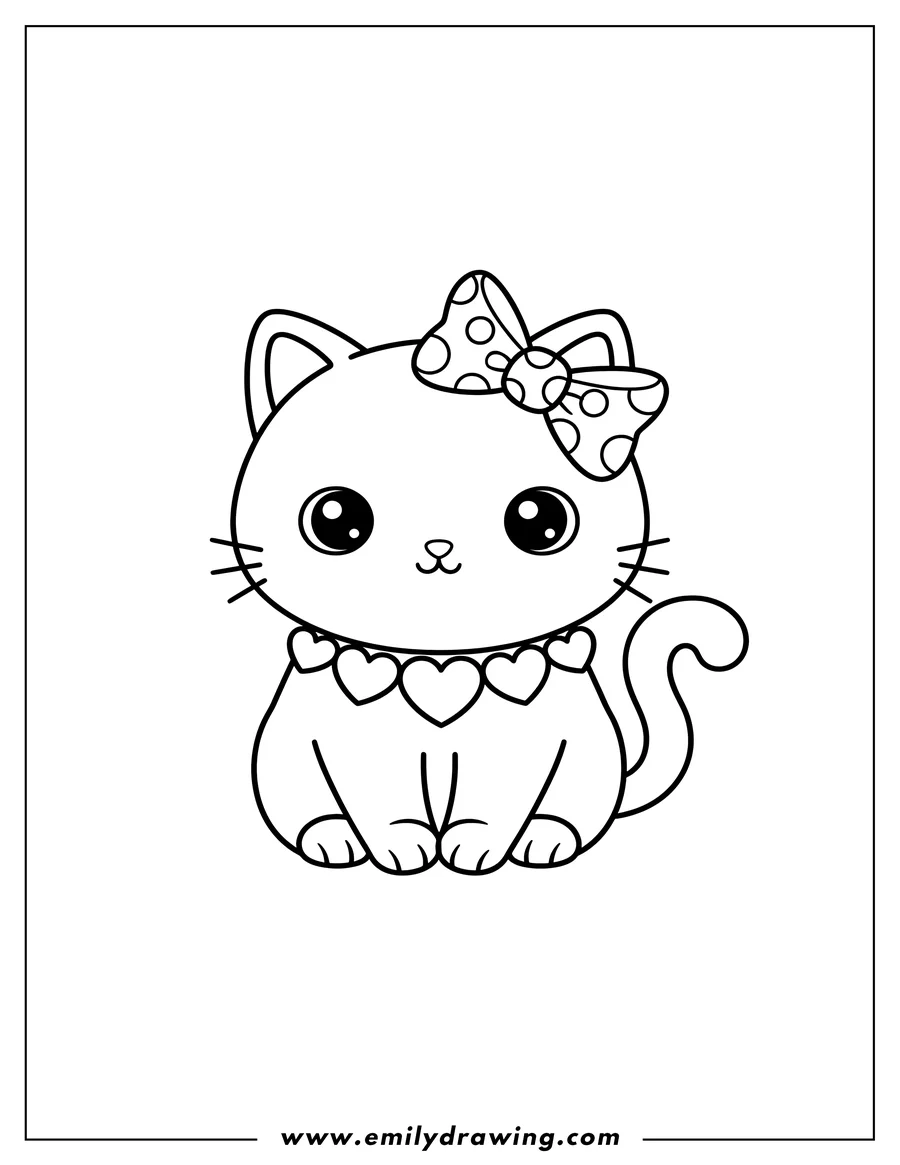 High quality printable kawaii Cat With Bow Preschoolers, sitting, with a heart collar for coloring