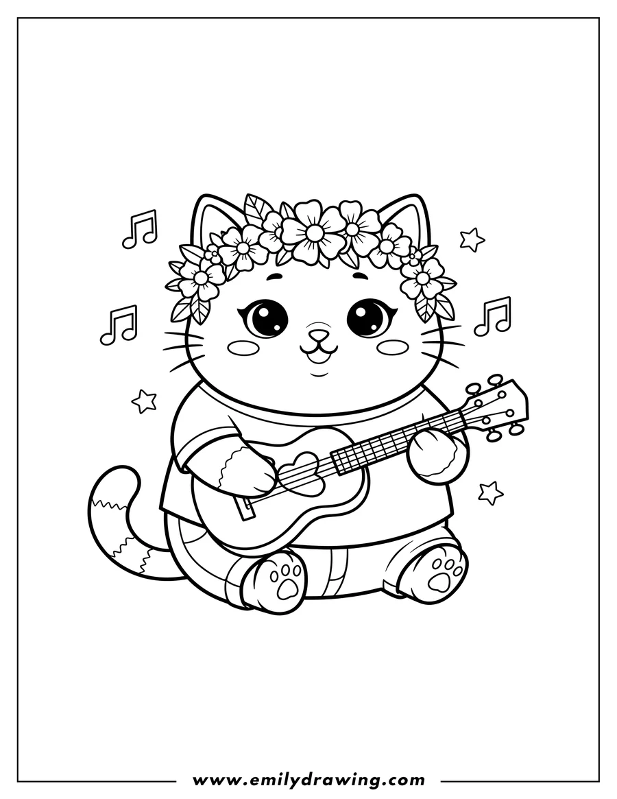 Printable line art of kawaii Cat With Flower Crown sitting and smiling while playing a Ukelele