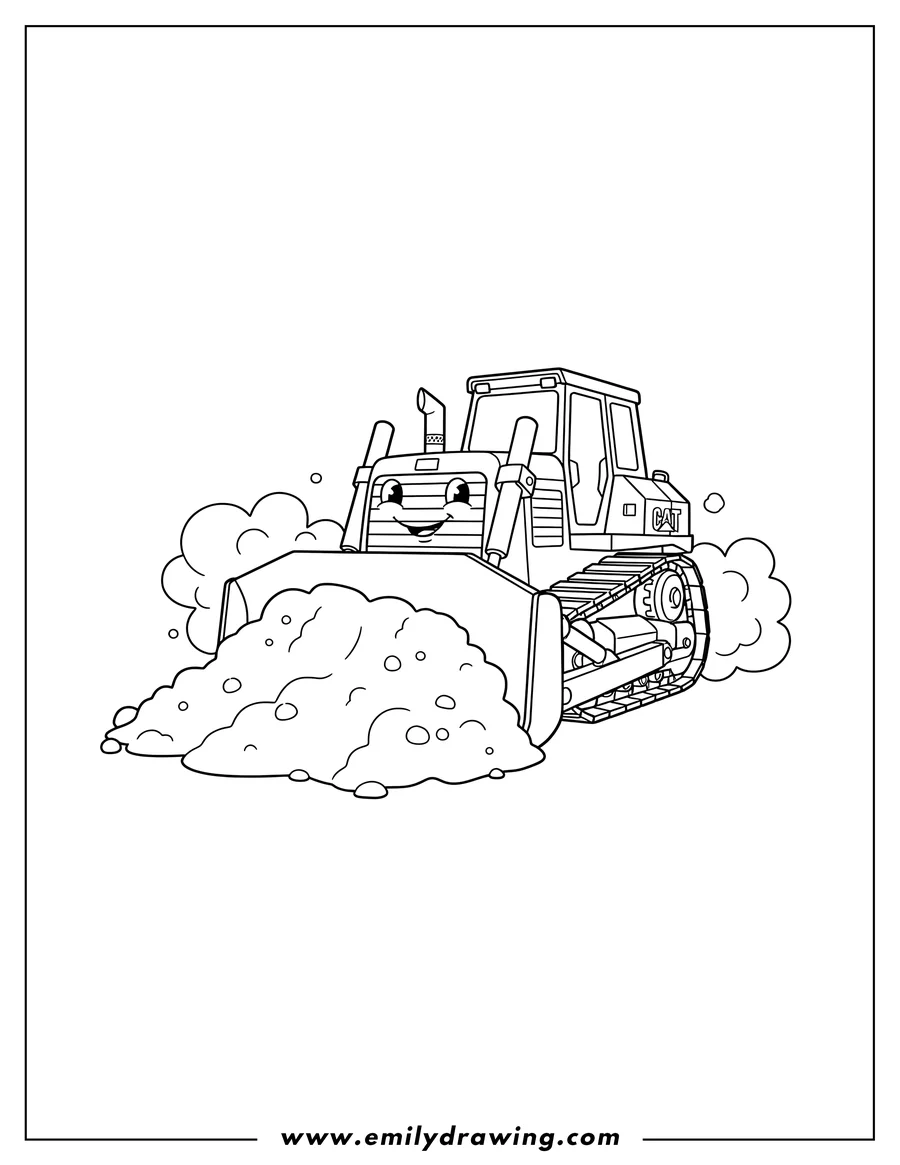Printable line art of caterpillar D9 Bulldozer pushing a large pile of dirt