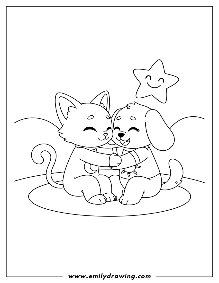 Coloring page for kids: catnap And Dogday sitting, hugging with their faces almost touching
