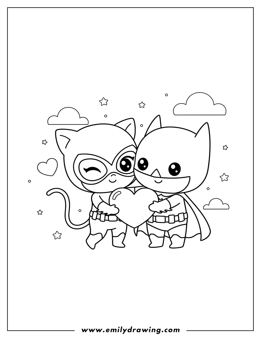 Coloring sheet featuring kawaii Catwoman winking with a heart, hugging Batman