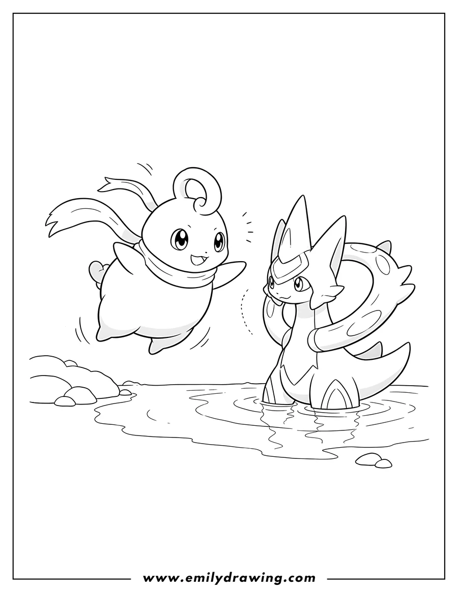 Downloadable coloring page of celebi flying with a scarf talking to Arceus standing in water