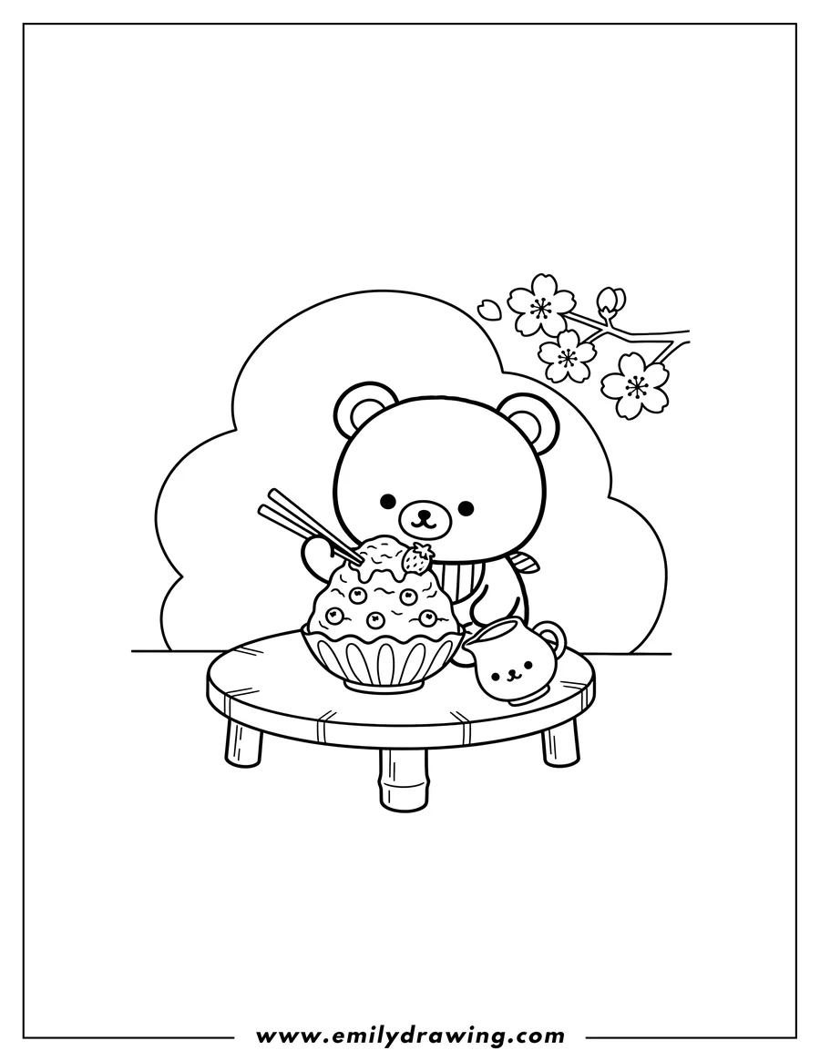 Full page coloring image of kawaii Chairoikoguma holding chopsticks to eat shaved ice with a syrup pitcher