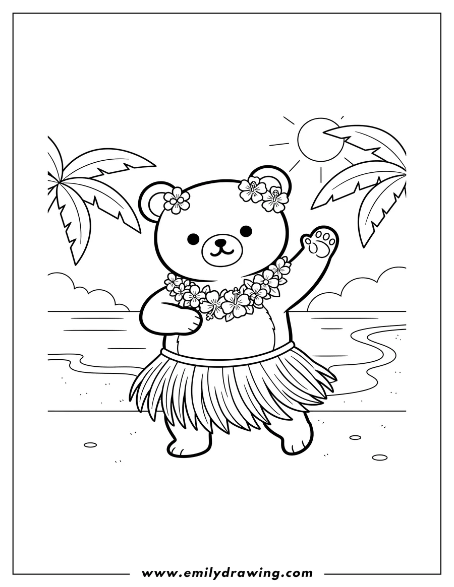 High quality printable chairokoguma Hula Dancing, wearing a grass skirt and flower lei for coloring