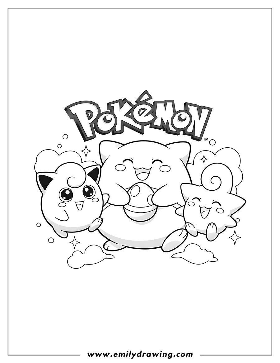Clean line drawing: chansey, Jigglypuff, and Cleffa smiling together, with the Pokémon logo above