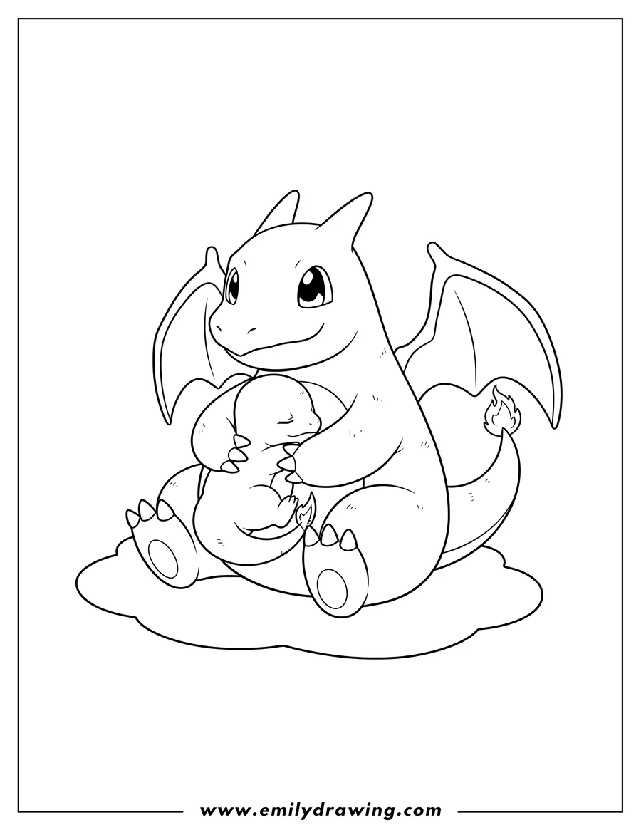 Vector style outline of kawaii Charizard sitting and holding a baby Charmander nestled against its chest