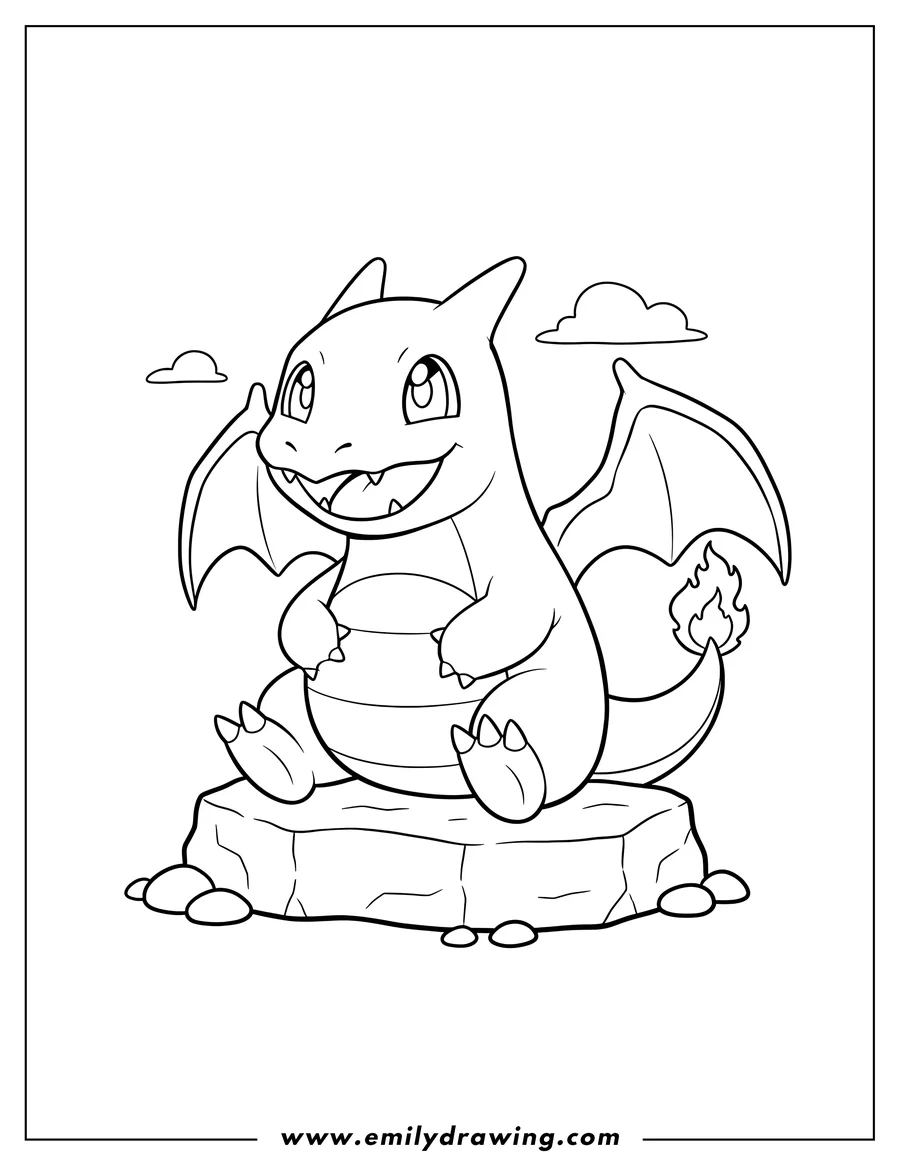 Coloring page for kids: kawaii Charizard sitting on a rock, smiling with an open mouth