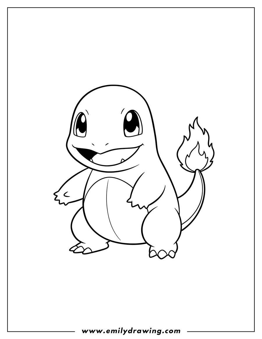 Coloring sheet featuring kawaii Charmander Outline, broadly smiling with a flame on its tail, for preschoolers