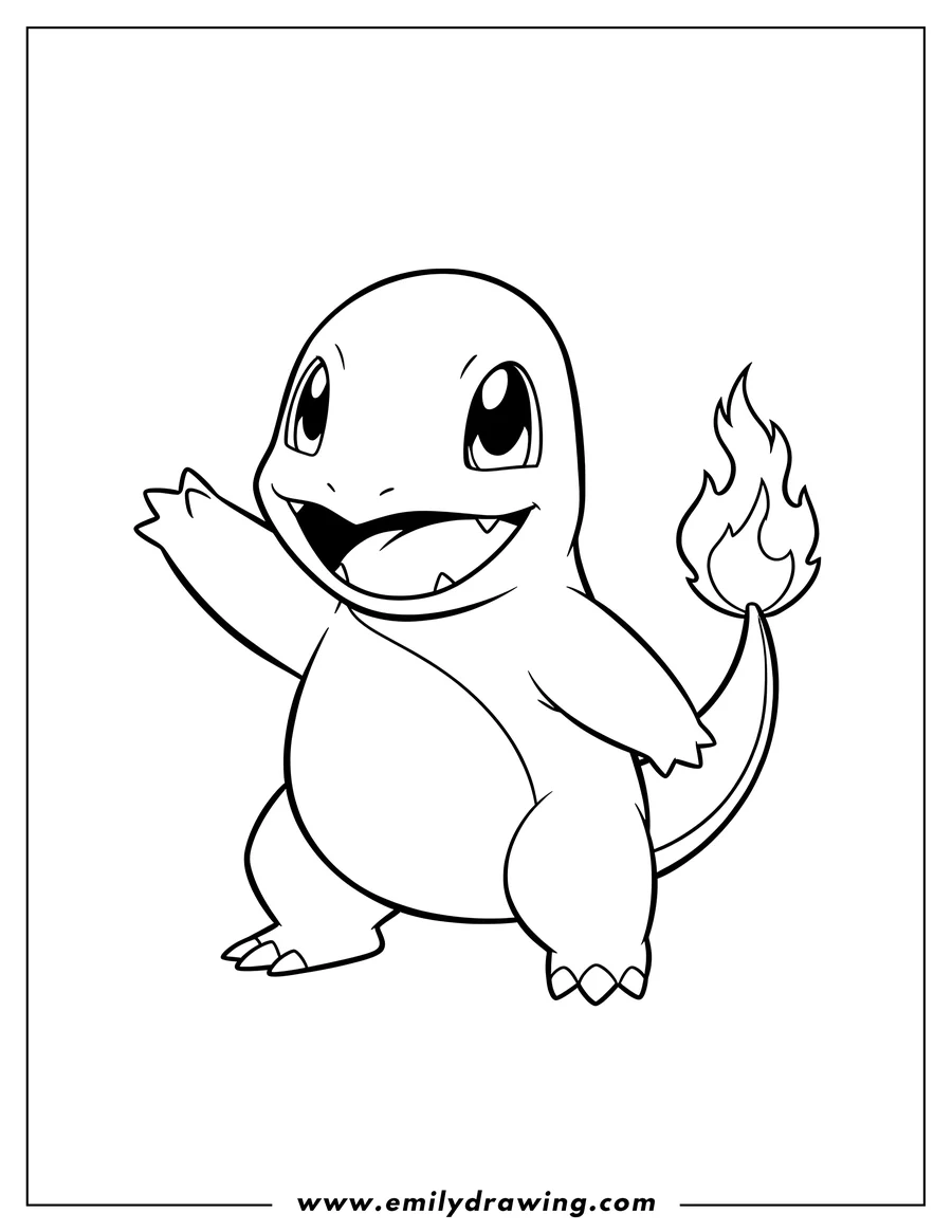 Coloring page for kids: charmander smiling with a raised arm and flame on its tail