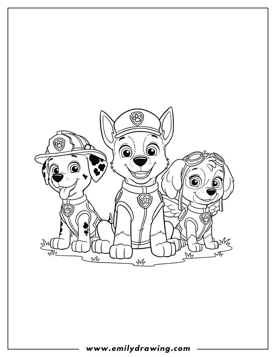 Full page coloring image of chase Skye And Marshall Scaled, sitting together and smiling