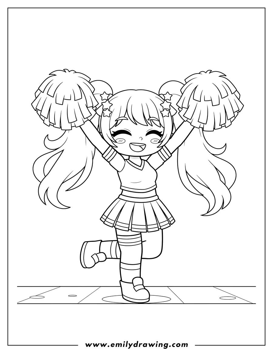 Clean line drawing: kawaii Gacha Life Cheerleader With Pom Poms, striking a cheerful pose on one leg