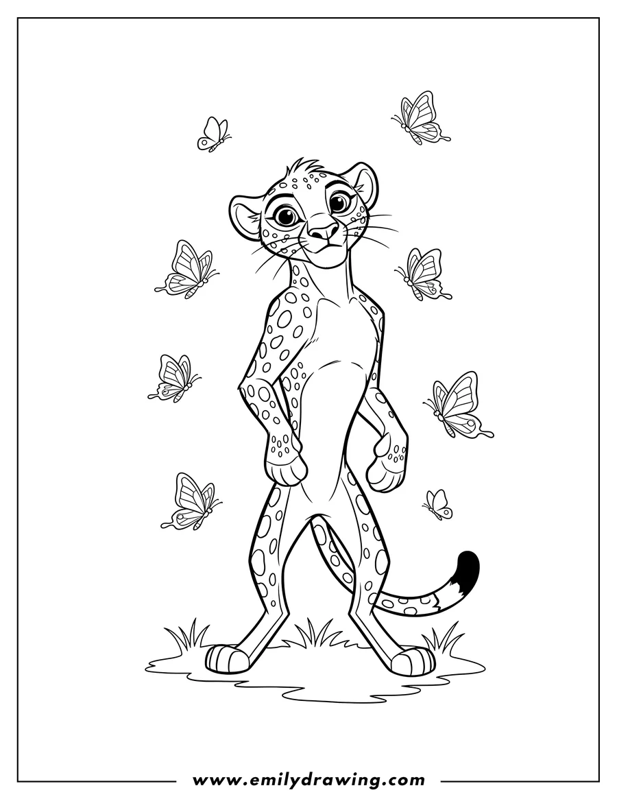 Clean line drawing: cheetah Fuli standing, with butterflies flying around her