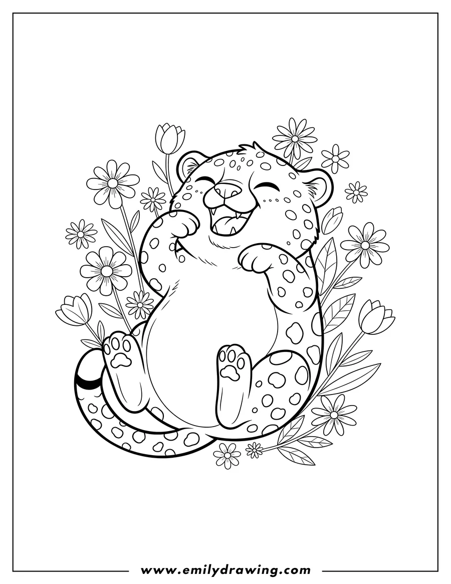 PDF style coloring page: kawaii Cheetah sleeping on its back with a wide, open-mouthed smile and raised paws, surrounded by flowers
