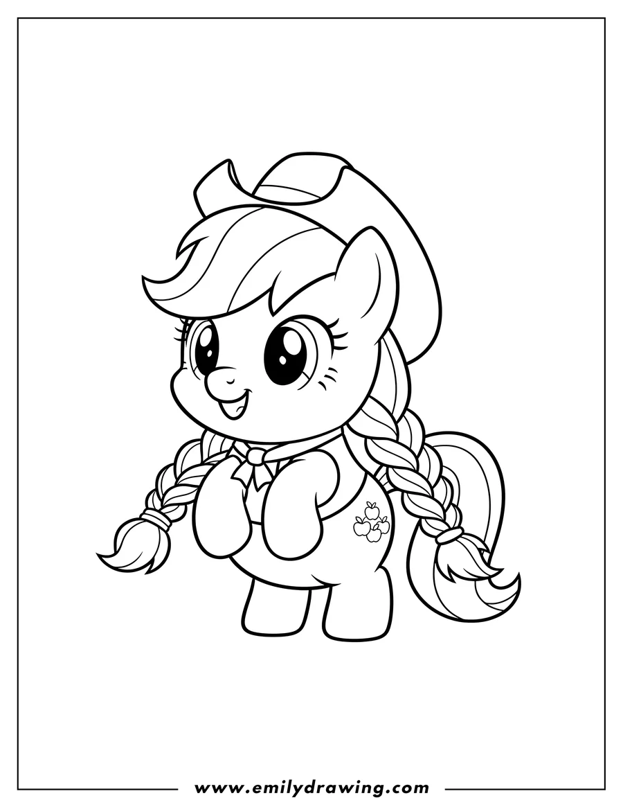 High quality printable kawaii Chibi Applejack With Braided Hair, standing and smiling, with apple cutie mark, preschoolers for coloring